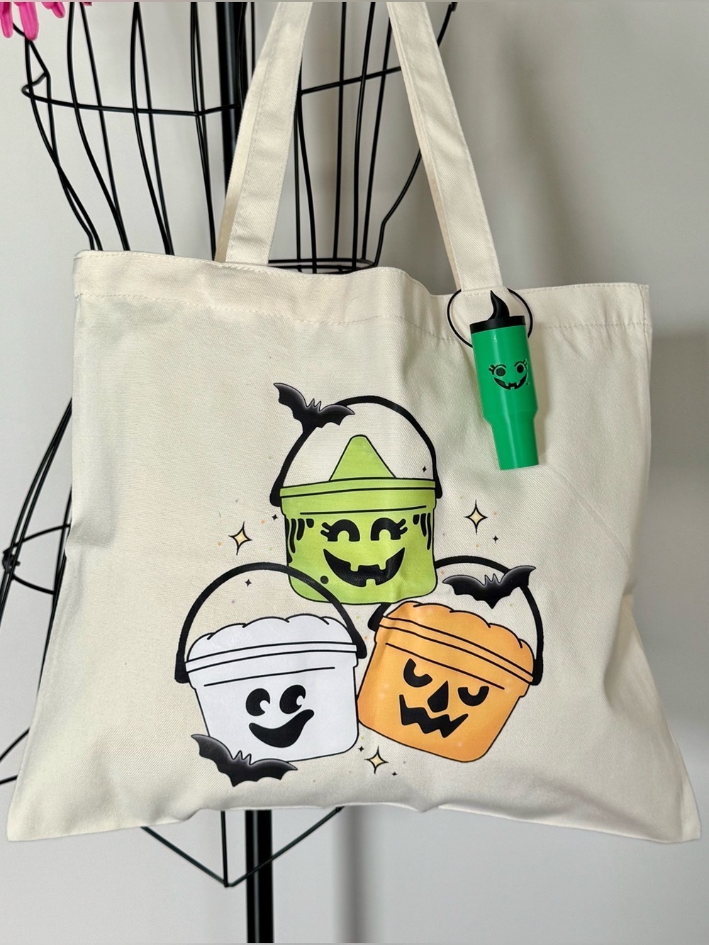 New Halloween Boo Bucket Canvas Shopping Tote Bag Purse w/ Witch Charm - 15.5”